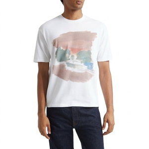 T-shirt blanc à manches courtes pour homme avec motif peint à la main sur le devant, coupe classique, col rond, style décontracté, jersey en coton - Product Image 1