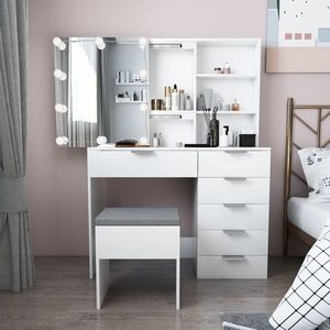 FCH White Dressing <b>Table</b> Set with 6 Pumps 2 Shelves 3 Tone Light Bulbs Triamine Veneer and <b>Mirror</b> Cabinet Makeup Vanities - Product Image 6