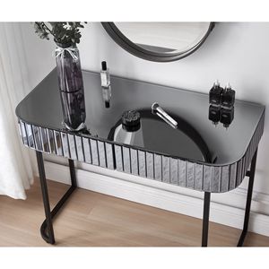 39\" Versatile <b>Mirrored</b> Makeup <b>Vanity</b> <b>Table</b> with Stainless Steel Base 2 Drawers Console Dressing Desk for Home Use - Product Image 4