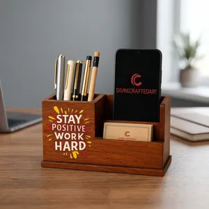 Soporte de Escritorio para Teléfono Móvil y Organizador de Escritorio Hecho a Mano en Madera con Porta Tarjetas, Soporte Premium para Bolígrafos y Lápices para Oficina, Hogar y Mesa de Estudio - Product Image 6