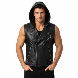 Custom Men's Black Hooded Leather Vest Biker Motorcycle Sleeveless <b>Jacket</b> Punk <b>Gothic</b> PU Waistcoat Zipper Buckles Slim Fit Gilet - Product Image 1