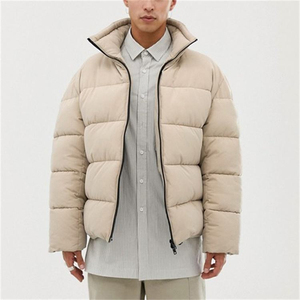 Men's Beige Puffer <b>Jacket</b> With Stand Collar Zipper Closure Windproof Winter Casual Loose Fit Thick Polyester Bomber <b>Jacket</b> - Product Image 2