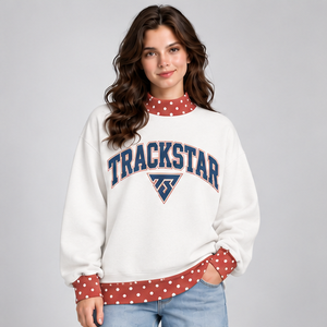 Sudadera Blanca de Cuello Alto para Mujer con Ribete de Puntos Rojos y Gráfico Varsity, Manga Larga, Hombros Caídos, Personalizable - Product Image 1