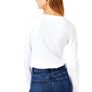 T-shirt blanc pour femme en coton biologique à col en V avec logo bleu, décontracté, printemps-été, respirant, écologique, manches longues, coupe classique - Product Image 4
