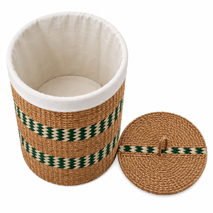 Cesto de Ropa Redondo Clásico Personalizable y Ecológico de Seagrass y Yute con Tapa, Forro de Tela y Diseño Chevron Verde al por Mayor - Product Image 4
