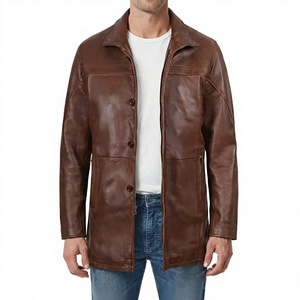Manteau long en cuir véritable pour homme, col rabattu, simple boutonnage, coupe classique, marron - Product Image 4