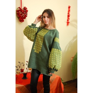 Top de Verano para Mujer Estilo Vintage 2024, Tejido de Satén Verde y Amarillo con Bordado, Manga Larga, Decoración con Cremallera, Estilo Natural y Elegante - Product Image 4