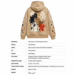 เสื้อฮู้ดดี้โอเวอร์ไซส์สีเบจทรายแบบสั่งทำพิเศษสำหรับ OEM พิมพ์ลายศิลปะนามธรรมด้านหลัง แขนเสื้อแบบสาดสี สไตล์สตรีทแวร์ทรงบ็อกซี่ - Product Image 6