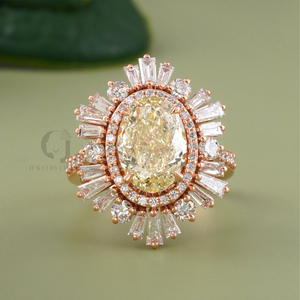 Rudakiya Brothers Women's Engagement 14K Rose White Gold Sunburst Halo VVS-VS 3.56 CT Fancy Yellow Oval Lab Grown Diamond Ring - Product Image 1
