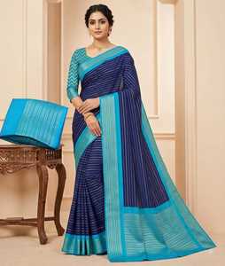 Sari en soie Mysore pour femme, bleu rayé, traditionnel indien, pour occasions festives, longueur au sol, coupe classique, toutes saisons - Product Image 1