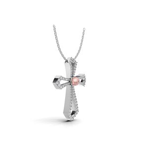 Collier pendentif croix religieuse en or 18 carats avec diamant de laboratoire et perle rose au centre, bijoux fins pour femmes - Product Image 3