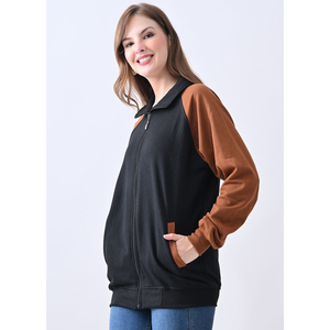 Veste universitaire pour femme noire avec manches marron, fermeture éclair intégrale, col montant, en polyester tricoté, pour l'automne, style décontracté - Product Image 4