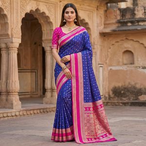 Dernier modèle de sari indien en soie Banarasi pour mariage, avec motifs Butta Zari dorés, travail de tissage Zari et chemisier en soie contrastant assorti. - Product Image 4