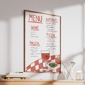 Decoración de pared de cocina de estilo moderno, póster minimalista con menú italiano, vino, aceitunas y patrón de guinga roja, arte en lienzo con marco de madera - Product Image 4