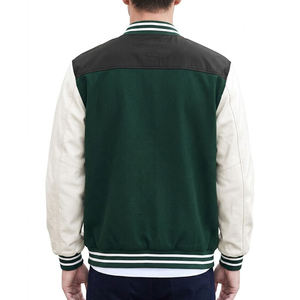 Veste universitaire moderne en laine verte avec manches en cuir de mouton blanc et empiècements en laine noire pour la vente en gros de streetwear personnalisé - Product Image 4