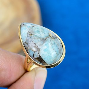 Natural Blue Amazonite Pear Shape Gemstone Ring 18k Gold Micron Over 925 Sterling Silver - Product Image 1