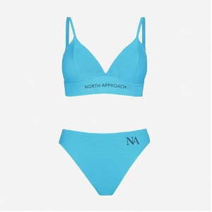 North Approach Women's <b>Blue</b> Ribbed <b>Bikini</b> <b>Set</b> Deep V Neck Triangle Top Hipster Bottoms Solid Color Stretch Swimwear - Product Image 1