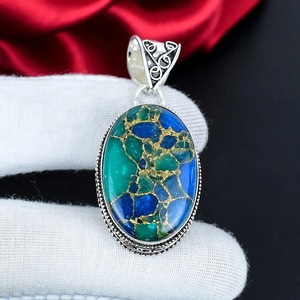 Colgante de mosaico ovalado de cobre verde con piedra, plata de ley 925, chapado en plata, hecho a mano, de alta calidad, con engaste de bisel, joyería para mujer - Product Image 1