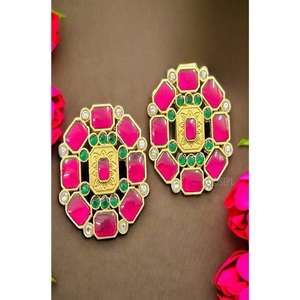 Pendientes de botón geométricos de latón chapado en oro de primera calidad con moissanita rosa, estilo vintage, modernos, para fiesta, para mujer - Product Image 1