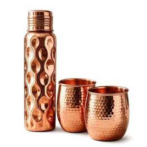 Pure Copper <b>Water</b> <b>Bottle</b> Gift Set with 2 Copper Glasses Hammered Wave Pattern Ayurvedic Drinkware Copper Flask Tumbler Combo - Product Image 1