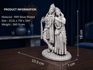 Idole de Radha Krishna plaquée argent 999 de Jaipur Metals |   100% Laiton |   Statue de divinité hindoue |   10,5x7x16cm |   560g |   Pooja de déménagement - Product Image 3