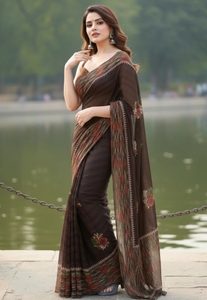 Sari en mélange de soie artificielle à rayures KV, imprimé floral, pour un usage quotidien - Product Image 4