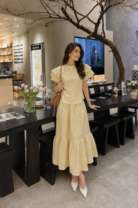 Plain Yellow Cotton-<b>Linen</b> Two-Piece Set | Ruffle Sleeve <b>Top</b> & Tiered Midi Skirt Bohemian Party Wear Outfit - Product Image 1