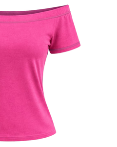 T-shirt vert forêt pour femme, épaules dénudées, avec bordure contrastée, manches courtes, coupe ajustée, décontracté, été, fabrication OEM personnalisée - Product Image 2