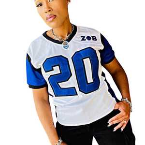 Zeta Phi Beta White Football Jersey Women Blue Embroidery Applique Loose Fit Polyester Short Sleeve Sports Top Stylish Outfit - Product Image 3