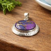 Pendentif en turquoise cuivrée naturelle, fait main, martelé, en argent sterling 925, ovale, bijou fantaisie, cadeau bohème pour femme