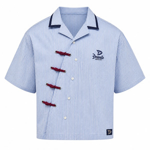 Sky Blue White Striped Y2K Streetwear Shirt Men Oversized Boxy Short Sleeve Crimson Rope <b>Toggle</b> Camp Collar <b>Button</b>-Up Wholesale - Product Image 3