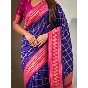 Sari en soie douce à carreaux, tissé contrastant violet traditionnel Zari, élégant pour les occasions festives - Product Image 5