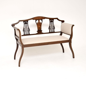 Elegant Antique Style Settee Featuring Traditional Scroll <b>Arms</b> and Decorative Brass Nailhead Trim - Product Image 2