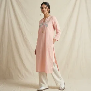 Women Pink Jute Cotton Kurti V Neck <b>Embroidered</b> Straight <b>Tunic</b> Full Sleeve Minimal Floral Detail Casual Ethnic Comfortable Wear - Product Image 5