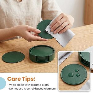 6 Pcs Handmade Leather <b>Coaster</b> Set with Holder, 4 Inch Thickened Heat-Resistant placemats, <b>Coasters</b> <b>for</b> <b>Drinks</b>, Green Luxurious - Product Image 3