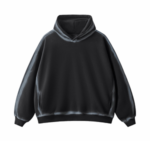Sudadera con Capucha Oversize de Felpa para Hombre, Negra con Borde Desgastado, Manga Regular, Color Sólido, Estilo Urbano, Invierno, 100% Algodón, 360g - Product Image 3