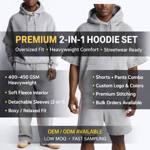 Ensemble de survêtement premium 2-en-1 avec sweat à capuche, coupe oversize, en molleton de coton épais 450 GSM, manches détachables, personnalisable OEM - Product Image 1