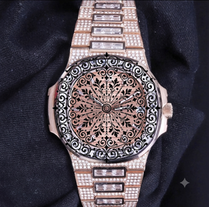 AMBER JEWELS Luxury Unisex Quartz Watch 46mm White/Yellow Gold Sapphire <b>Crystal</b> Diamond Encrusted Natural Band Analog Dial - Product Image 2