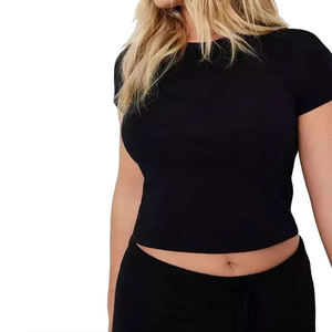 Women's Black Crop <b>Top</b> With Hollow Out Design Short Sleeve O-Neck Casual Loose Fit Knitted Spandex Cotton T-Shirt - Product Image 3