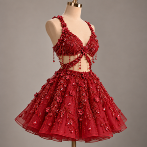 Vestido de Fiesta Mini Rojo de Lujo con Cuentas y Adornos Florales, Corte Entallado, Silueta en A y Tela Transpirable - Product Image 3