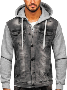 Veste en jean décontractée pour homme avec capuche et patchwork, boutonnée, délavée, pour l'automne – Vente en gros - Product Image 3