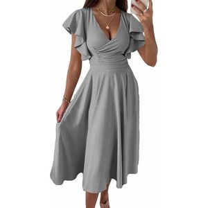 Robe midi d'été grise XL, col en V, ourlet à volants, fluide, taille haute, pour soirée formelle ou invitée de mariage - Product Image 2