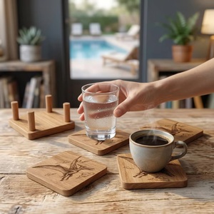Juego de Posavasos Cuadrados de Madera con Diseño de Pterosaurio, Hechos a Mano, Antideslizantes, Acabado Natural, 10 mm de Grosor, Uttar Pradesh - Product Image 3