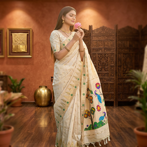 Sari en soie crème avec motifs de paons et de fleurs dessinés à la main, tenue traditionnelle indienne pour femmes, tenue décontractée toutes saisons - Product Image 4
