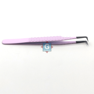 Pince à épiler pour extensions de cils en acier inoxydable, à manche long, avec revêtement en poudre gris, rose et noir mat, poignée en fibre, antistatique et pointe dentelée - Product Image 4