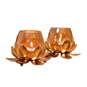 Wholesale Luxury Metal Lotus Candle Holder <b>Set</b> Of 2 Glass T-light Cup Wedding Centerpiece Diwali Home Decor Candlestick - Product Image 1