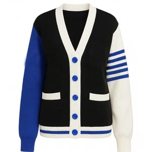 Suéter cárdigan de punto al por mayor para mujer, estilo universitario, con bloques de color, cuello en V, OEM, manga larga, con botones. - Product Image 1