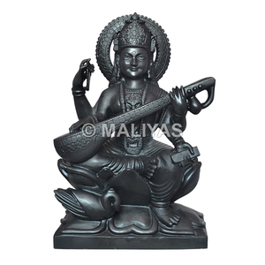 Estatua de Saraswati en Mármol Negro |   Murti de mármol negro Saraswati hecho a mano para el hogar y el templo – Maliyas - Product Image 1