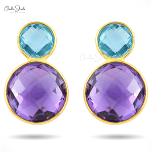 Top Quality 10MM Round Checkercut Amethyst & Swiss Blue Topaz Gemstone Stud <b>Earrings</b> 925 Sterling Silver Handmade <b>Earrings</b> Lot - Product Image 2