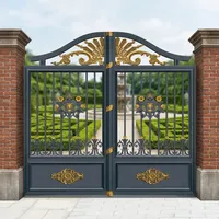 Portail Principal Décoratif en Fer Forgé de Luxe, Design Doré Ornemental, Double Porte Élégante pour Entrée Résidentielle, Sécurité et Chantier